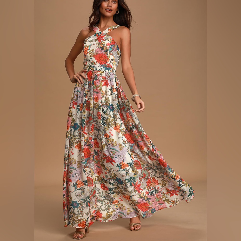 New Lulus Lilja Cream Floral Print Maxi Dress Extra Small